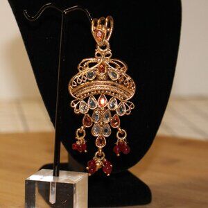 Ornate Indian Inspired Pendant Red & Clear Rhinestones Approx 3" Tx 1.25" W